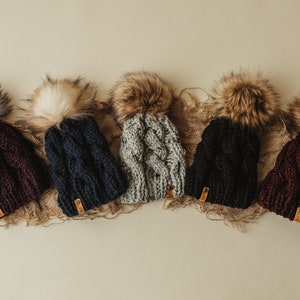 PICK YOUR COLORS Faux Fur Pom Pom Beanies Mommy and Me Matching Hats Cable Knit Hat Mom and Baby Handmade Knit Custom Color image 5