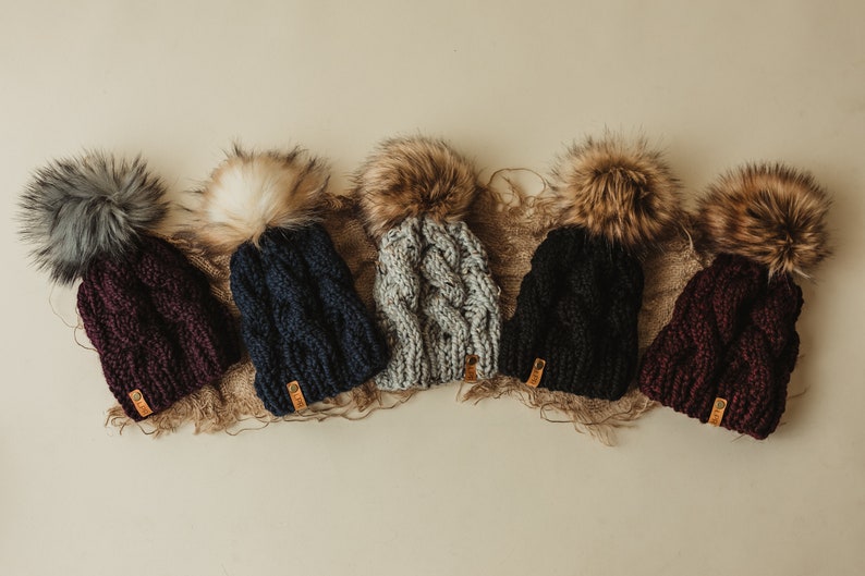 PICK YOUR COLORS Faux Fur Pom Pom Beanies Mommy and Me Matching Hats Cable Knit Hat Mom and Baby Handmade Knit Custom Color image 5