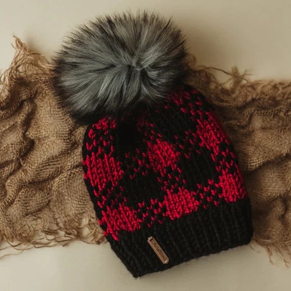 Buffalo Plaid Beanie - Faux Fur Pom Beanie - Knit Hat - Womens Toque - Handmade Hat - Knitted - Fur Pom Beanie