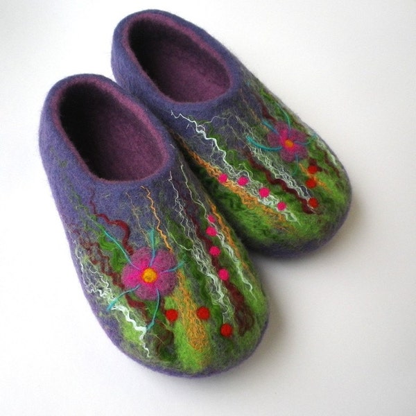 Felted wool slippers / house shoes - Purple Meadow