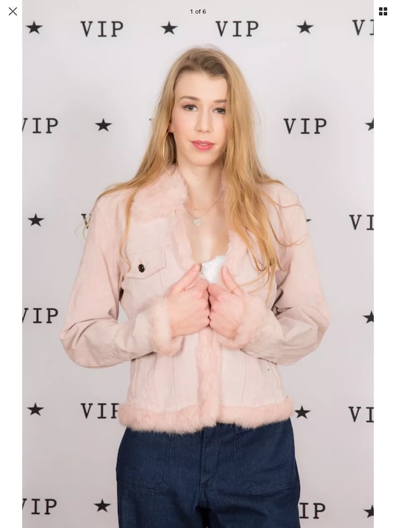 90s vintage pale pink suede jacket fur lined trimM