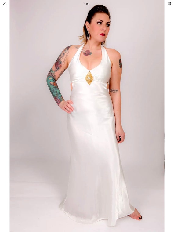 Stunning liquid satin wedding gown / evening dress