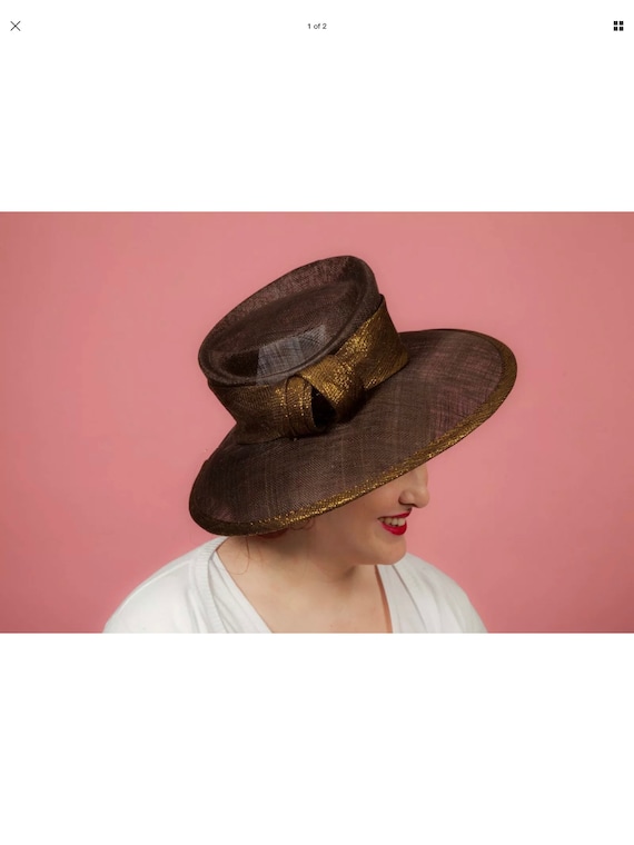 Ladies oversized brown and gold shimmer formal hat