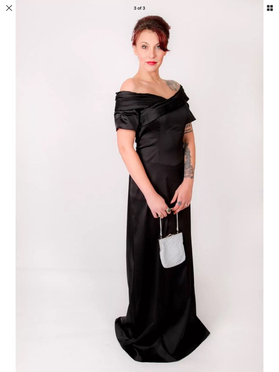 Beautiful BLACK SATIN off the shoulder evening dr… - image 3