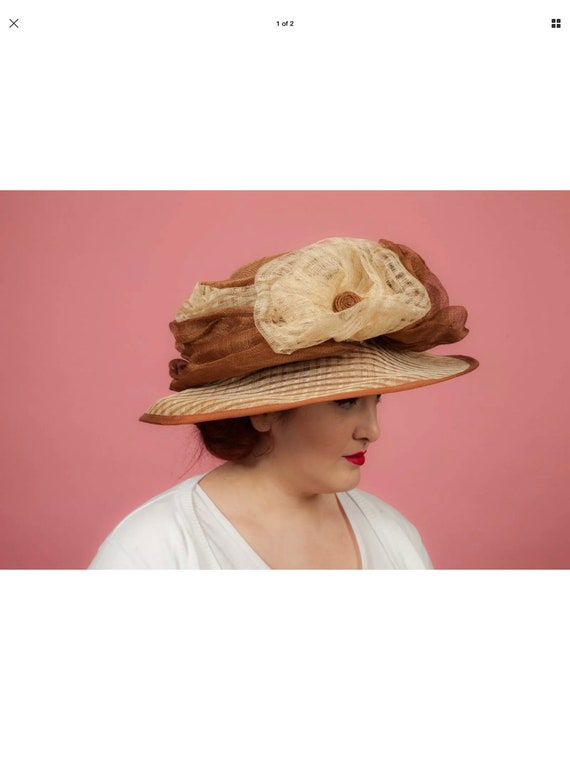 Oversized brown and cream ruffled flower formal ha