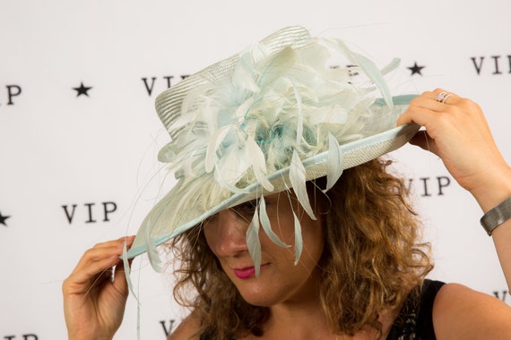Pale Blue Feathered Formal Hat by 