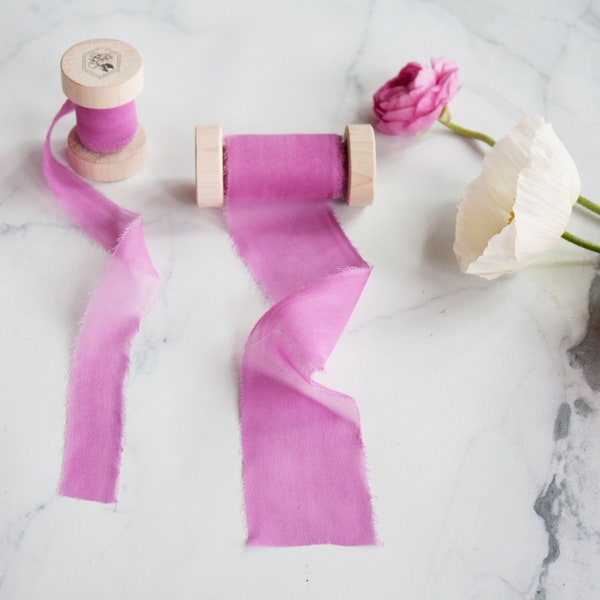 100% Silk Chiffon Hand Dyed, Hand Torn Purple (Wild Petunia) Ribbons with Wooden Spool - 1 Inch & 2 Inch Width Options, 3 Yards Long