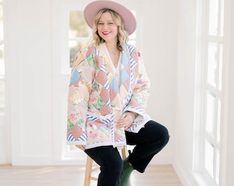 5TH COLLECTION | XL/2XL Blue & Brown Patchwork Quilt Jacket: Upcycled Vintage