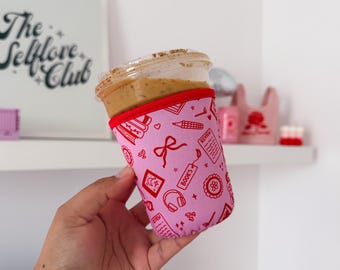 Pink Book Lover Coffee Sleeve | Neoprene Iced Coffee Cozy (16-24oz)