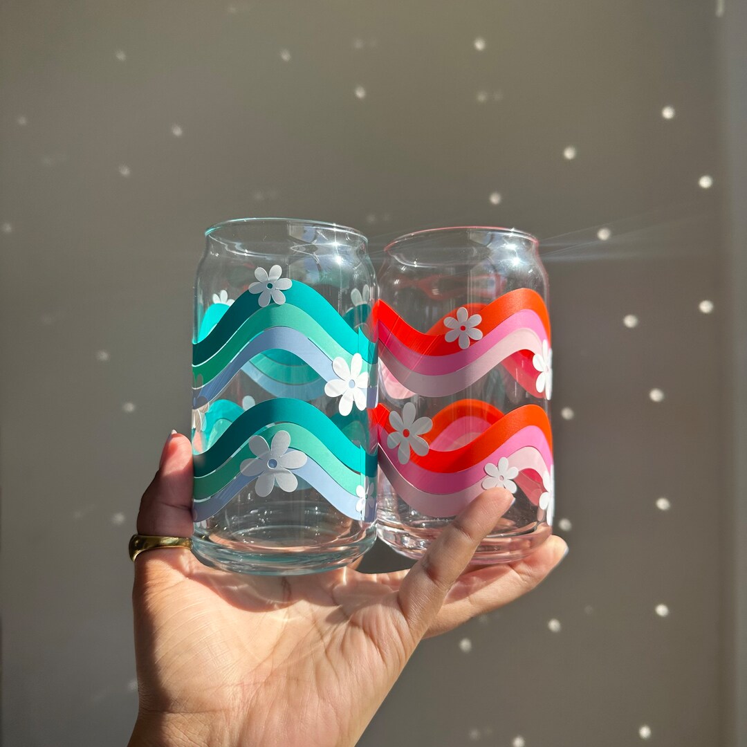 Retro Rainbow Glass Cup Aesthetic Glass Cup Iced Coffee Etsy