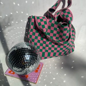 Large Checkered Knitted Tote Bag, Aesthetic Tote Bag, Y2K Accessories