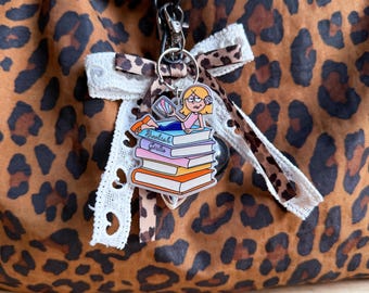 Bookish Girl Keychain | Book Lover Bag Charm | Reader Gift | Cute Reading Accessory | Book Stack Charm