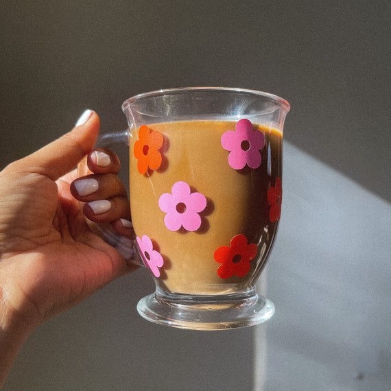 Retro Daisy Flower Glass Mug, Trendy Glass Mug, Cute Flower Mug, 