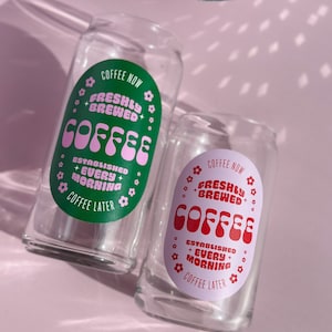 Coffee Label Glass cup, aesthetic iced coffee glass cup, 16oz retro coffee cup
