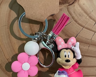 Pink Mouse and Silicone Flower Bead Keychain