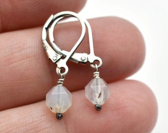 Dendritic Agate Gemstone Sterling Silver Dangle Earrings for Women, Leverback Earrings for Her, White Natural Dendrite Stone Drop Earrings