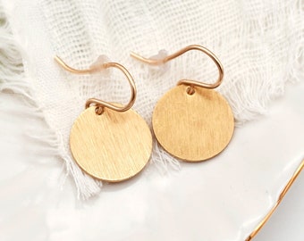Brushed Gold Earrings, Brass Earrings Dangle, Tiny Gold Disc Earrings, Simple Drop Earrings, Brass Disc on 14K Gold Filled Ear Wires-BDE114