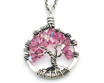 Pendentif Arbre de Vie, Collier pierre de naissance d’octobre, Pendentif collier tourmaline rose, Cadeaux du 25e anniversaire pour femme, vous choisissez la pierre de naissance