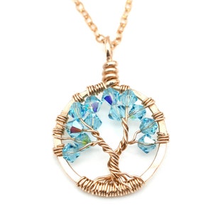 Tree of Life Pendant Necklace Gold Filled, March Birthstone Necklace, Aquamarine Crystal Jewelry, Anniversary Gifts, You Choose Birthstone
