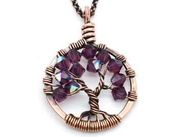 Pendentif arbre de vie en cuivre, cadeau d’anniversaire de 7 ans, bijoux en améthyste bijoux faits à la main, cadeau d’anniversaire de 30 ans pour les femmes, vous choisissez la pierre de naissance