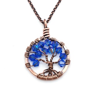 Sapphire Necklace Copper Tree of Life Pendant, September Birthday, 7 Year Anniversary Copper Anniversary Gift for Wife-You Choose Birthstone image 1