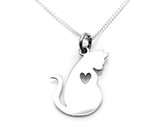Mommy Cat Pendant in Sterling Silver, Cat Necklace with Heart Cutout, Loss of a Pet Gift, Kitty  Adoption, Cat Charm Necklace - MCN-SS-013