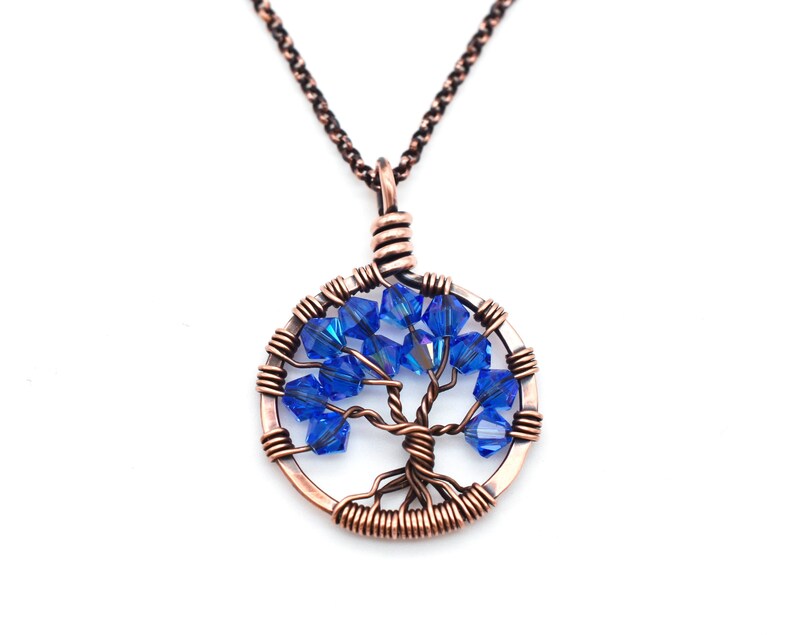 Sapphire Necklace Copper Tree of Life Pendant, September Birthday, 7 Year Anniversary Copper Anniversary Gift for Wife-You Choose Birthstone image 1