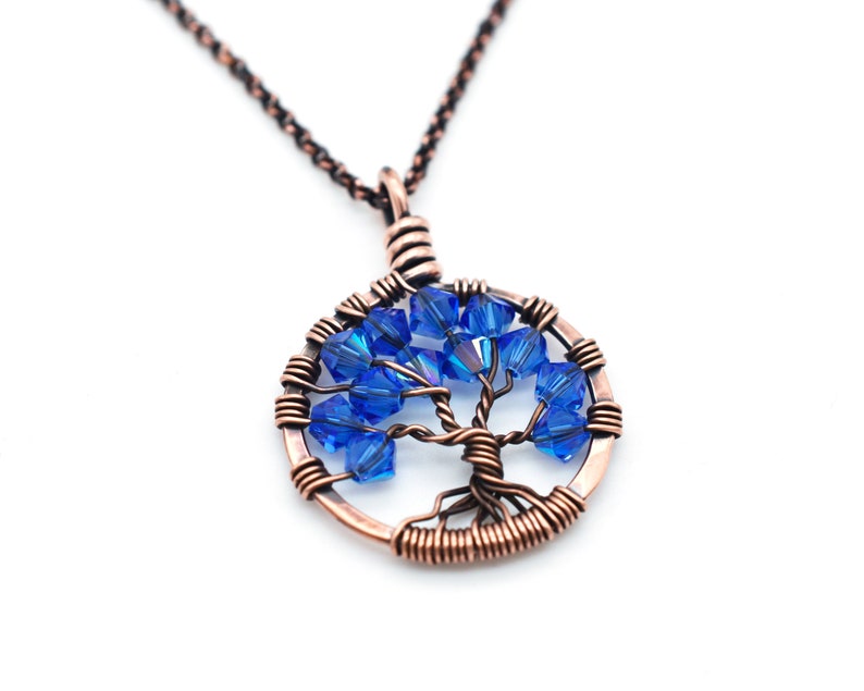 Sapphire Necklace Copper Tree of Life Pendant, September Birthday, 7 Year Anniversary Copper Anniversary Gift for Wife-You Choose Birthstone image 2