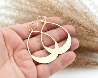 Brushed Brass Earrings, Teardrop Hoop Gold Statement Earrings Dangle, Large Rustic Earrings Boho, Fun Jewelry for Women, French Hook-BDE113