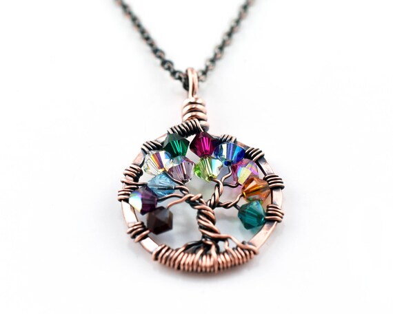 Small Personalized Family Tree Necklace Copper Birthstone Etsy