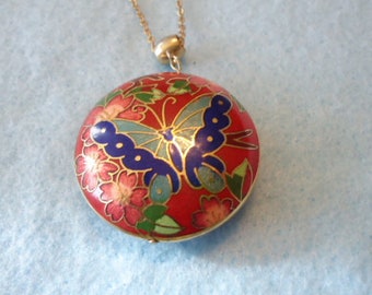 Vintage Two-Sided Cloisonne Pendant; Butterfly And  Flowers; With Gold Tone Chain