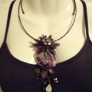 Stunning Very Large Statement Necklace; Amethyst, Pearls, Shell, Beads; Artisan Made