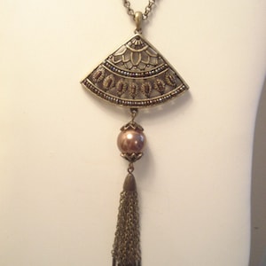 Long COLDWATER CREEK Necklace Brass Tone Open Decorative Pendant With Tassel Dangle And Brass Tone Chain