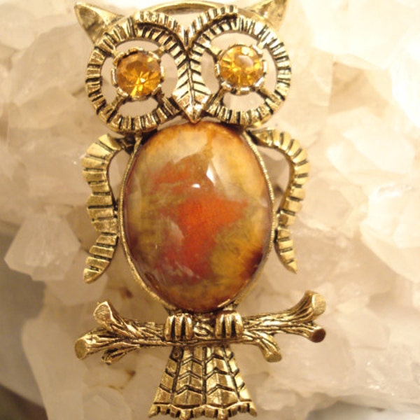 Adorable 1960's Owl On Branch Brooch With Glass Faux Jasper Cabochon, Gold Rhinestone Eyes, Gold Tone