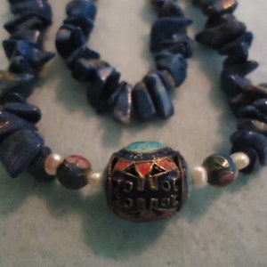 Vintage Blue Lapis Lazuli Stone Chips Double Strand Necklace; Cloisonne Beads; Gold Filled Filigree Closure