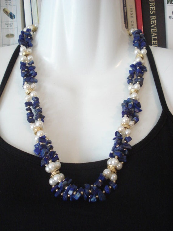 Lovely Lapis Vintage Necklace Three Strands Genui… - image 2