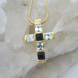 Pretty Small Vintage Cross; Minimalist; Clear Crystals, Onyx, 16&quot; & 3&quot; Extension; Non-Magnetic Gold Tone