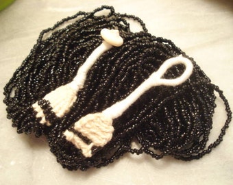 Vintage NAGA Black Seed Glass Bead Necklace Macrame Woven Ends Ceramic Button Closure