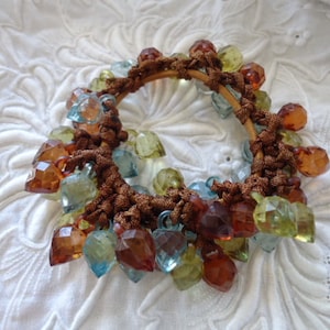Great Looking Vintage Stretch Bracelet With Multi-Colored Plastic Dangles Crocheted In Place