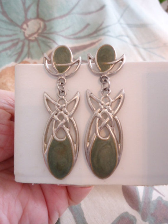 DURI Celtic Design Silver Tone Green Ename Pierced Drop 