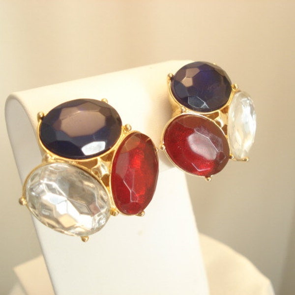 Vintage Large Statement TRIFARI Clip On Earrings Red, White, Blue Faceted Rhinestones On Gold Tone; Perfect For 4th Of July
