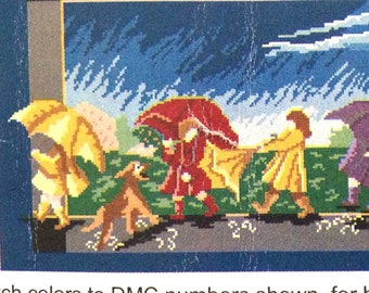 Needlepoint Canvas Children in the Rain, Slicker Parade I , Canvas and DMC Color Chart Only