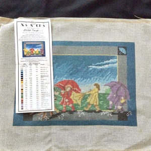 Needlepoint canvas children in the rain, Slicker Parade, child's room decor, canvas and DMC color chart only