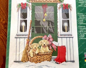 Christmas Cross Stitch Kit Welcome Puppies in a Basket, Janlynn Unopened New Old Stock, Gifts for Dog Lovers