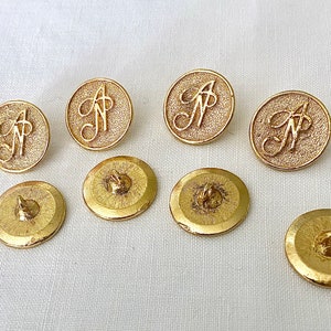 8 Vintage Albert Nipon Designer Buttons 1980s, Gold Tone AN Initial Logo 19mm