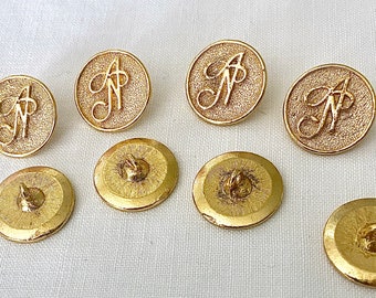 8 Vintage Albert Nipon Designer Buttons 1980s, Gold Tone AN Initial Logo 19mm