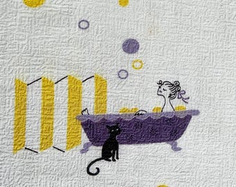 3 Yards Novelty Fabric, Girl in Purple Bathtub with Black Cat, 37 Inches Wide, Lightweight Textured