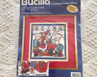 Bucilla Christmas Kit Counted Cross Stitch, Santa Claus Is Coming To Town, Unopened 1998