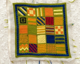 Needlepoint Sampler Finished, Multicolor Geometric Stitches in Green Grid, Pillow Cover
