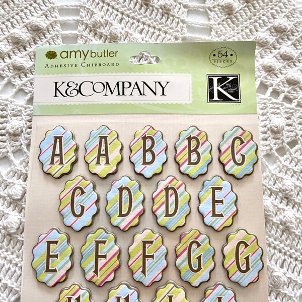 Amy Butler Belle adhesive chipboard alphabet, new in package, K & Company, die cut embellishments, 2 of each letter, 54 pieces, never used